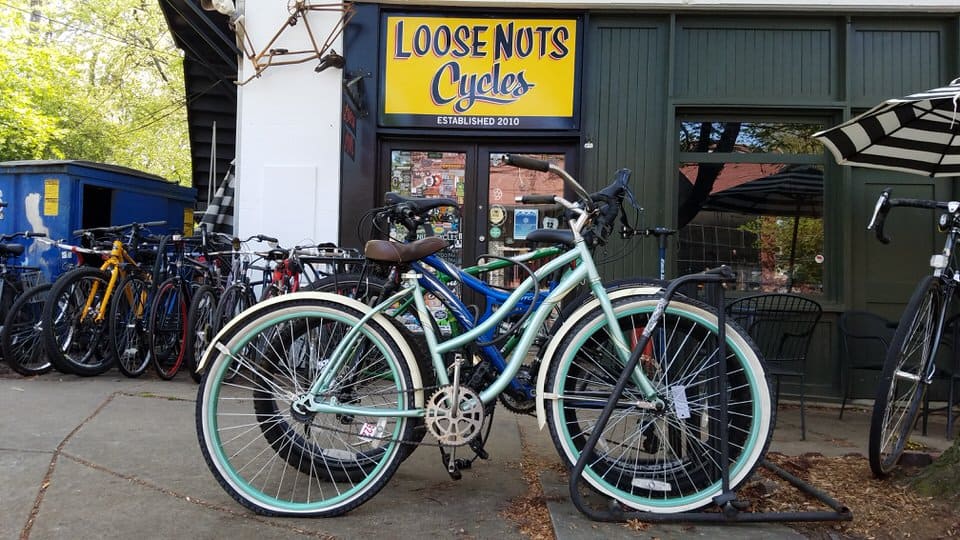 Atlanta neighborhoods for cycling - Loose Nuts cycling shop in Grant Park. Bike in Atlanta. Atlanta neighborhoods for biking. Bike friendly Atlanta neighborhood.